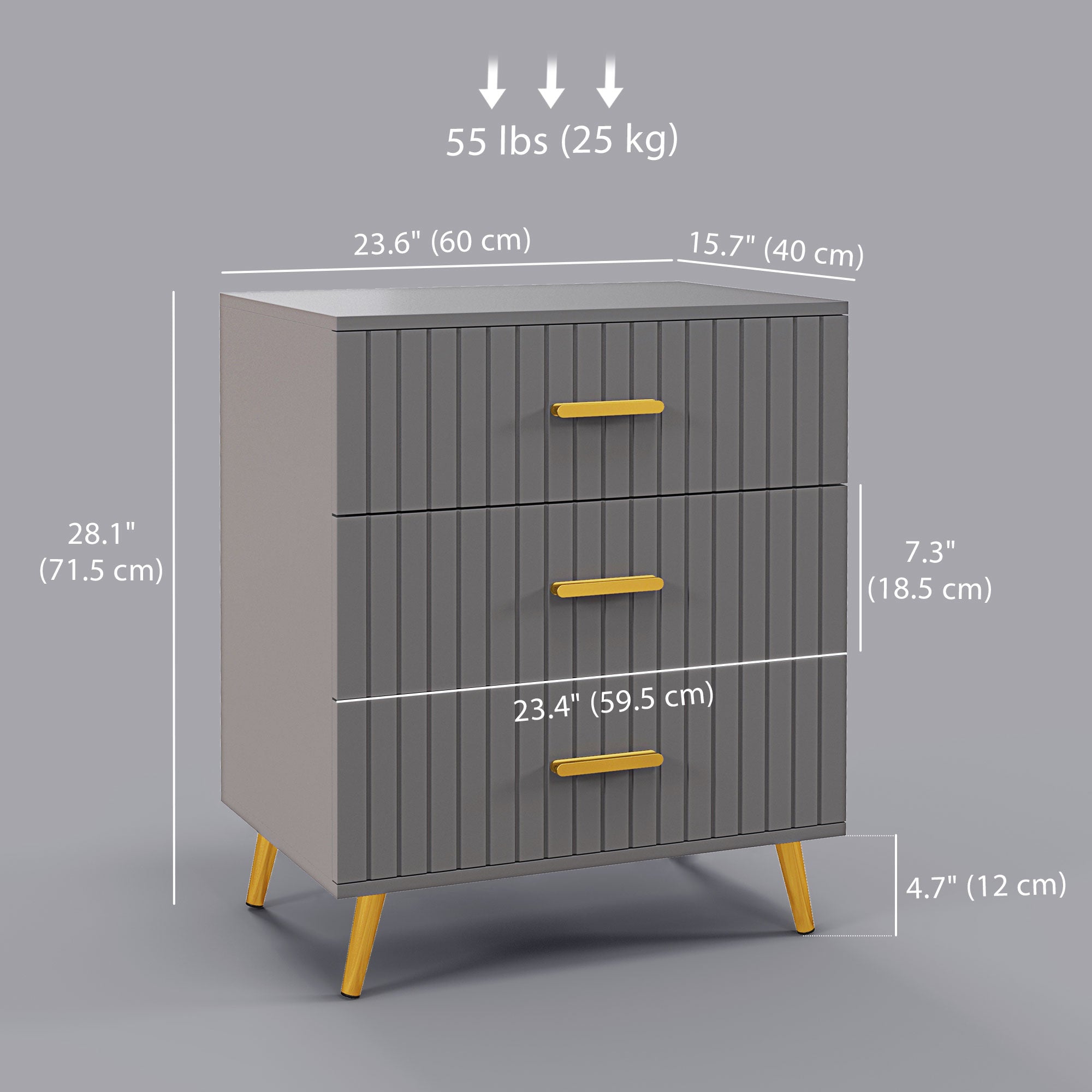 3 Drawer Cabinet, Drawer Chest for Bedroom, Chest of Drawers with Aluminium Legs and Gold Handles, Dark Grey Storage Cabinets   at Gallery Canada