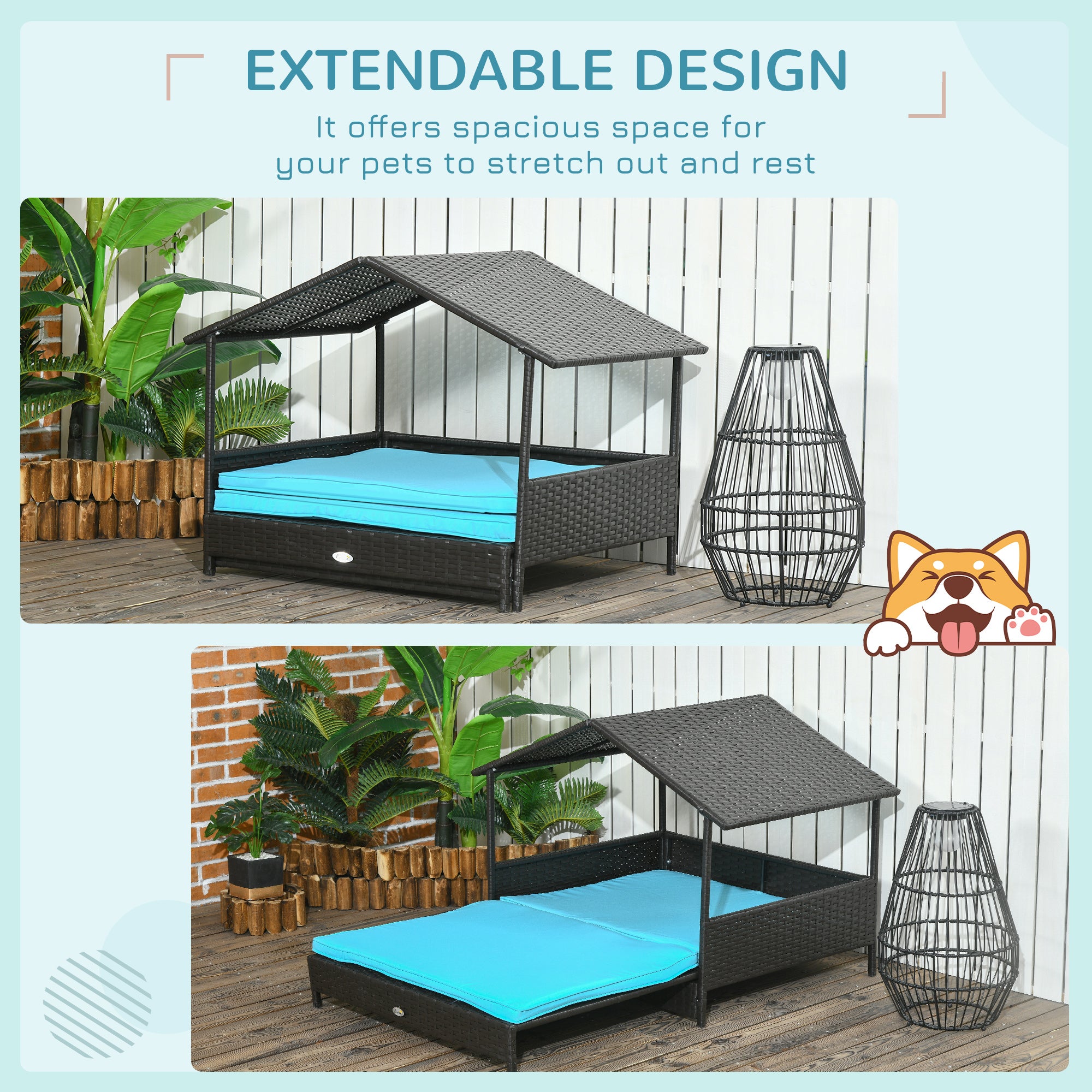 Outdoor Dog House Extendable Wicker Dog Bed with Soft Cushion Washable Cover, for Small and Medium Dogs, Blue Houses, Kennels & Pens at Gallery Canada