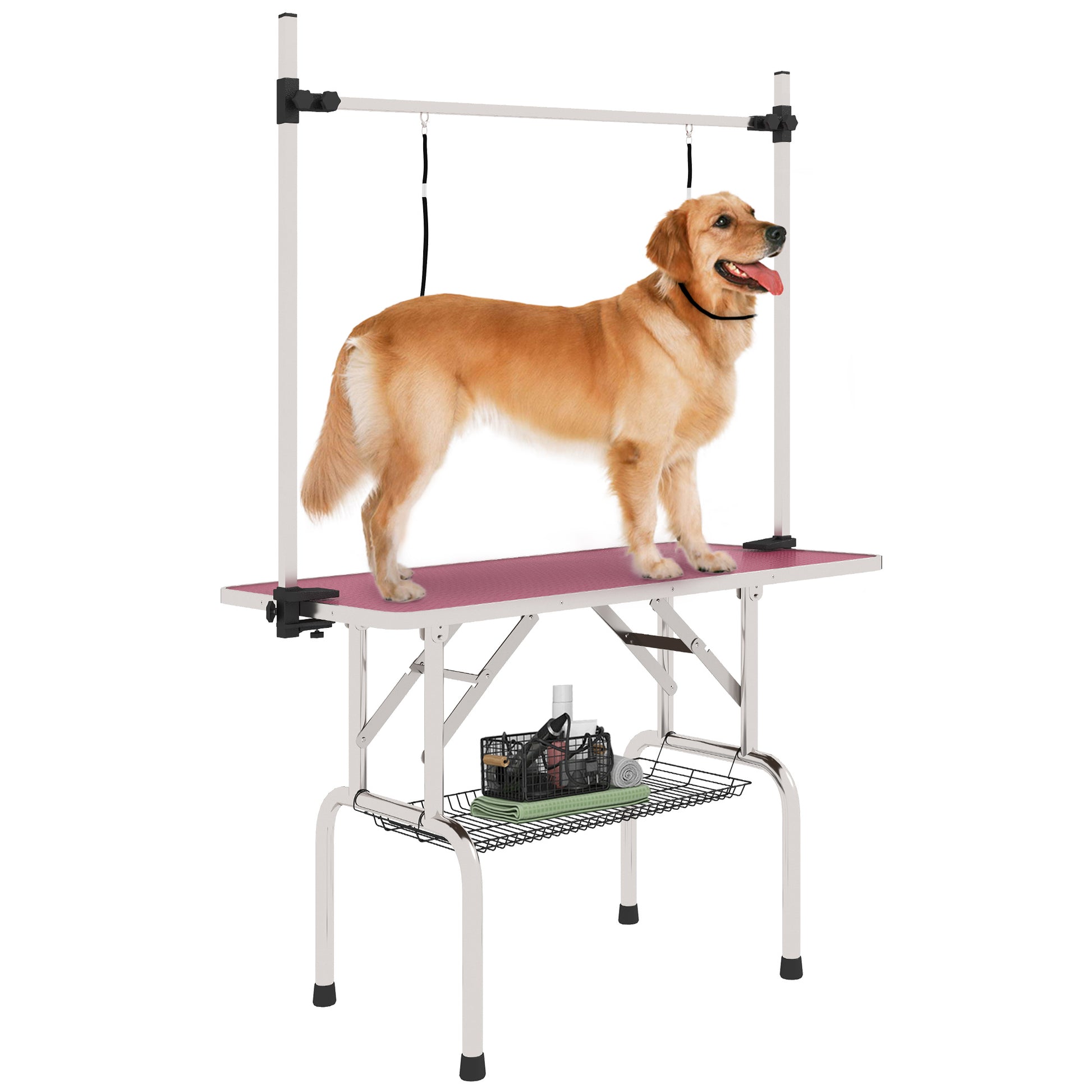 Adjustable Dog Grooming Table with 2 Safety Slings, Storage Basket, Pink Dog Grooming Tables   at Gallery Canada