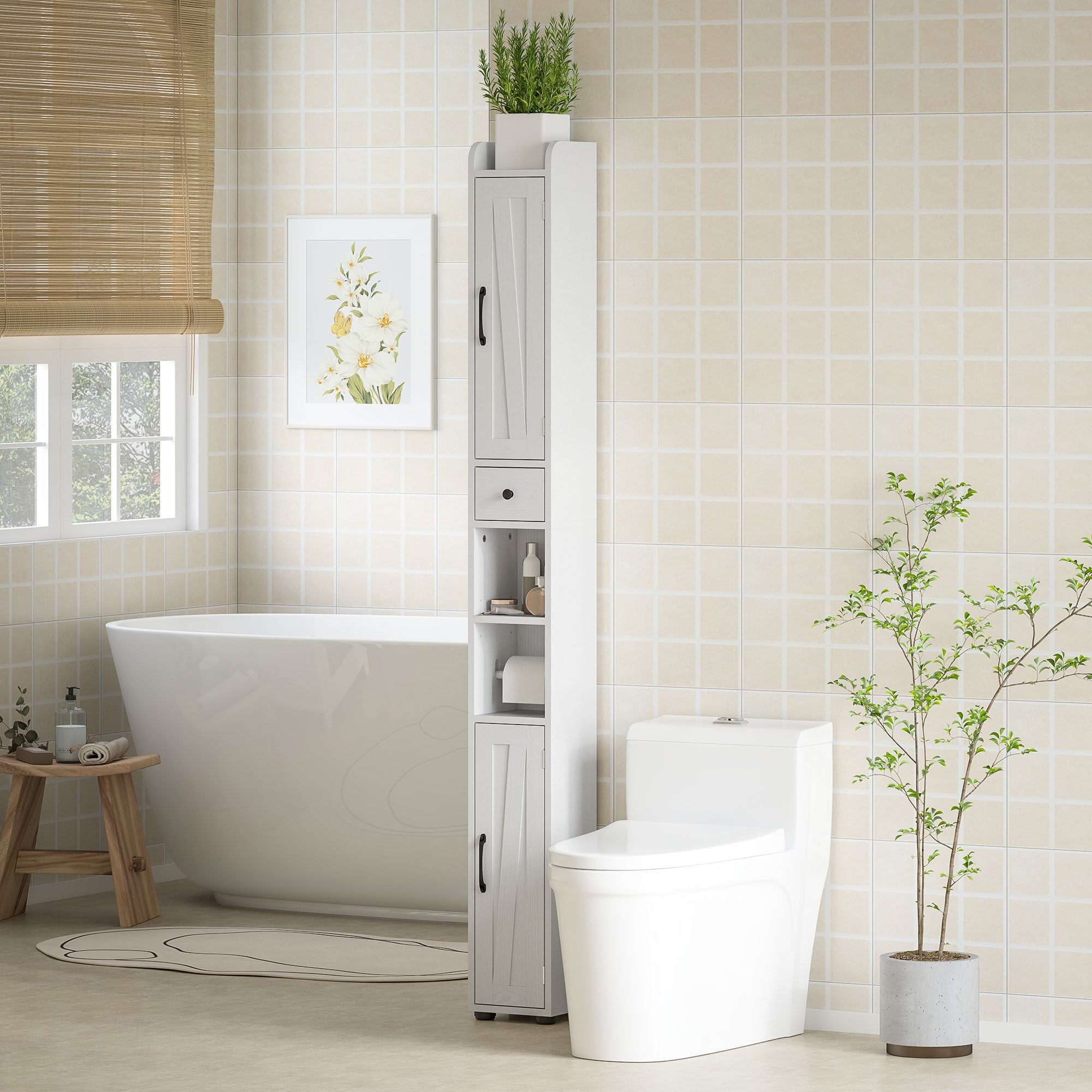 Narrow Bathroom Cabinet, Tall Bathroom Storage Cabinet with Barn Doors, Drawer and Adjustable Shelves, White Wood Grain Bathroom Cabinets at Gallery Canada