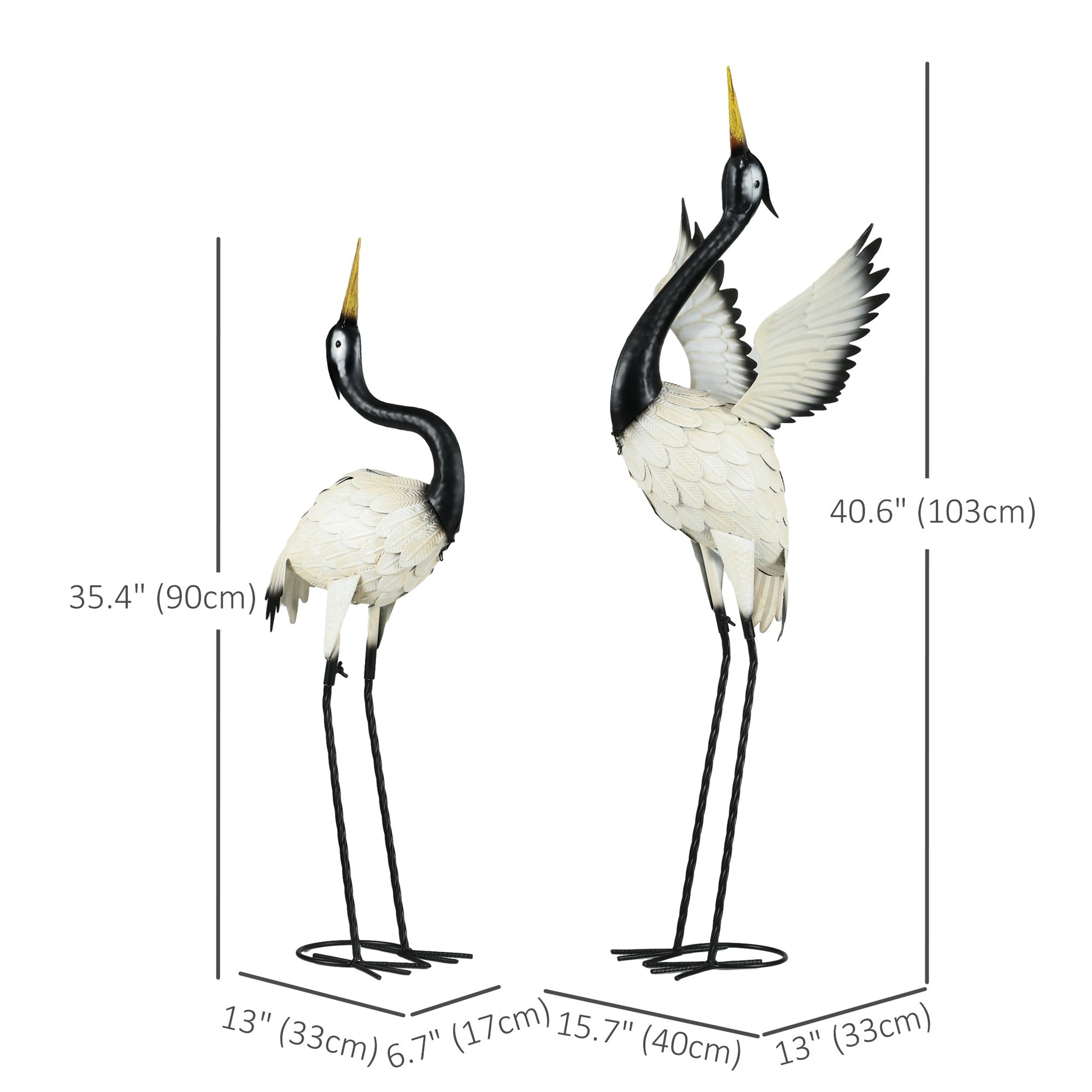 Set of 2 Garden Sculptures Heron Statues Lawn Patio Backyard Ornaments, 35.4"-40.6", White and Black Garden Decor   at Gallery Canada