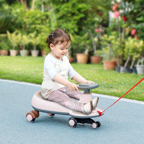 Kids Wiggle Car w/ Parent Traction Rope, Music, Light, Pink