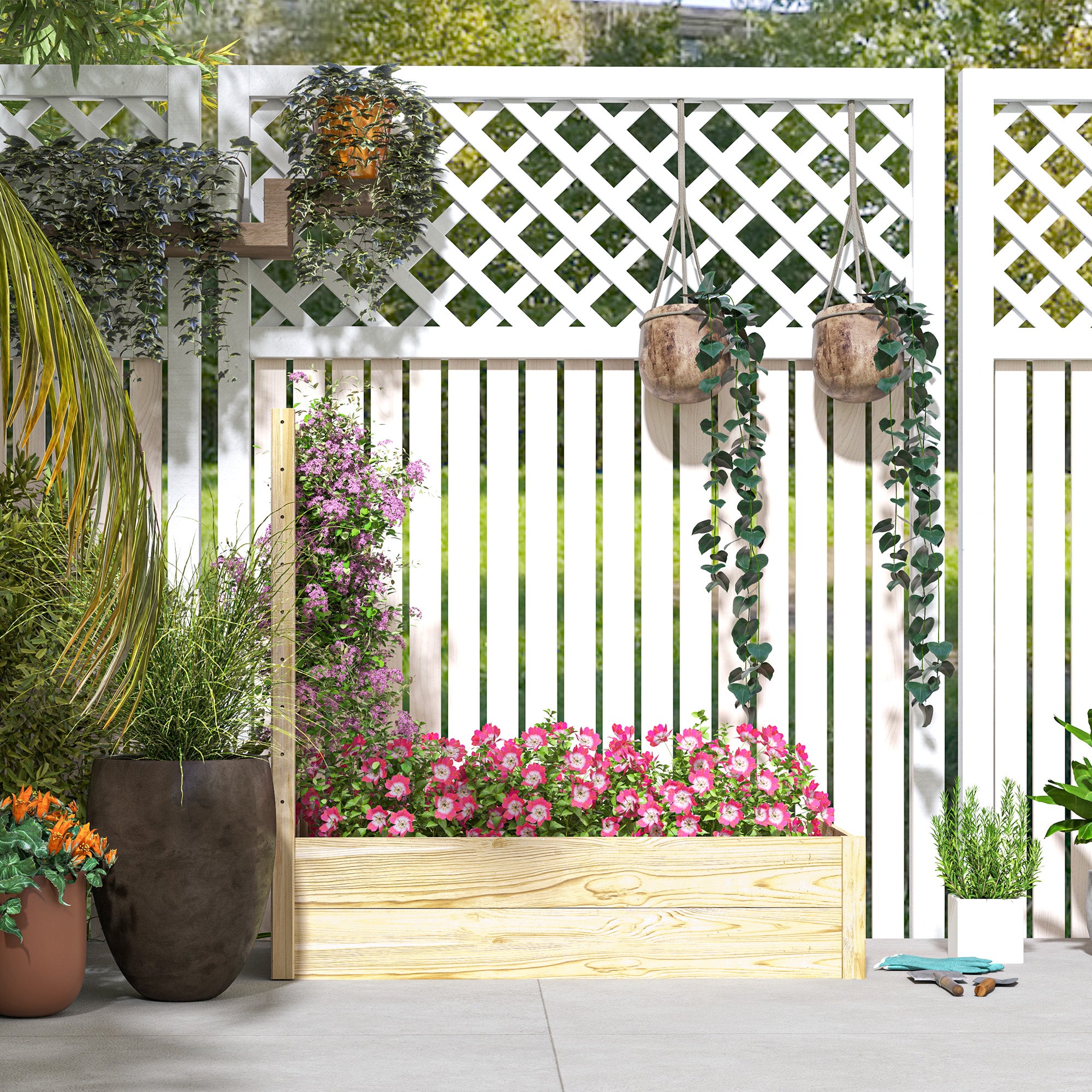 Wood Planter Box with Trellis for Climbing Plants, Raised Garden Bed for Outdoor Flowers Herbs, 91