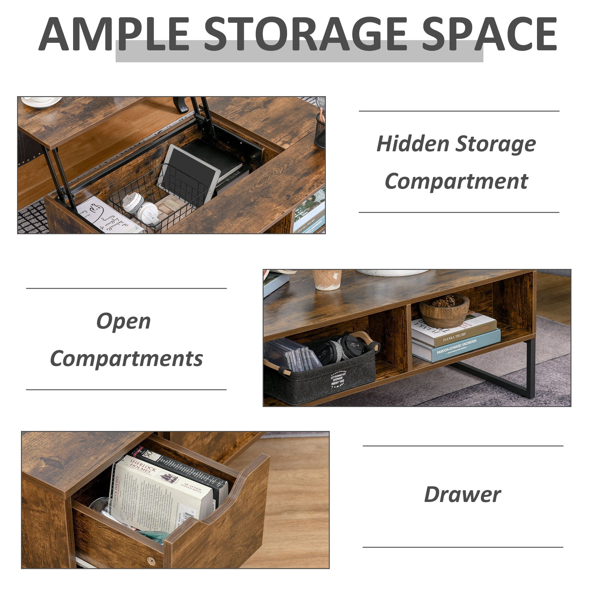 Lift Top Coffee Table with Hidden Storage, Side Drawer, Metal Frame, Tigerwood Coffee Tables   at Gallery Canada