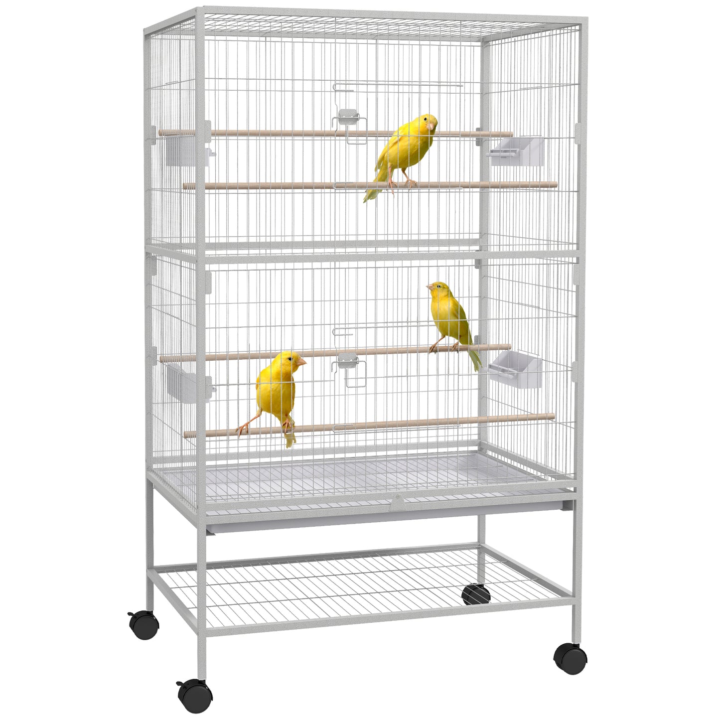 52" Large Rolling Steel Bird Cage Bird House with Rolling Stand, Storage Shelf, Wood Perch, Food Container, Grey Bird Cages   at Gallery Canada