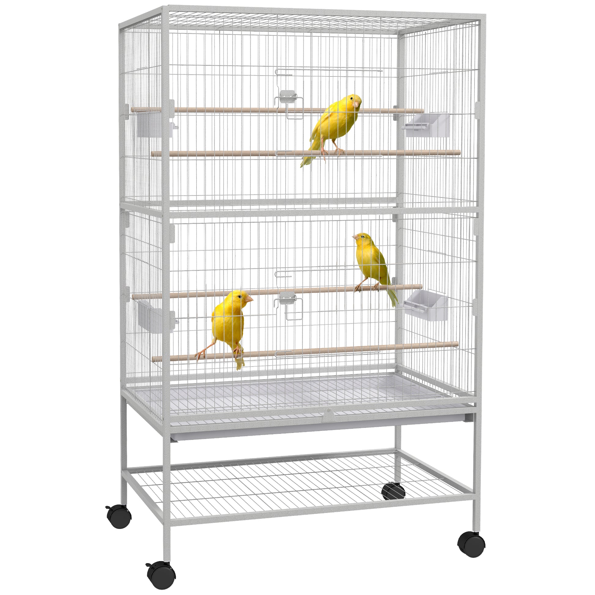 52" Large Rolling Steel Bird Cage Bird House with Rolling Stand, Storage Shelf, Wood Perch, Food Container, Grey Bird Cages   at Gallery Canada