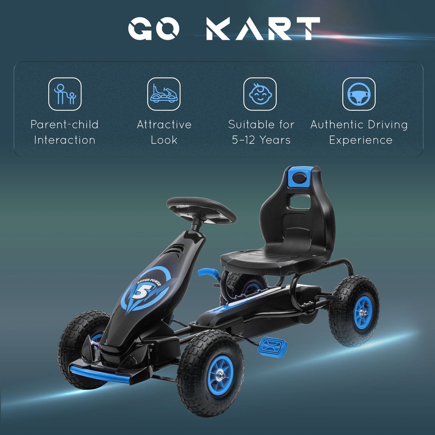 Ergonomic Kids Pedal Go Kart with Adjustable Seat, Rubber Wheels, Hand Brake, Ages 5-12, Blue Pedal Go Karts for Kids   at Gallery Canada