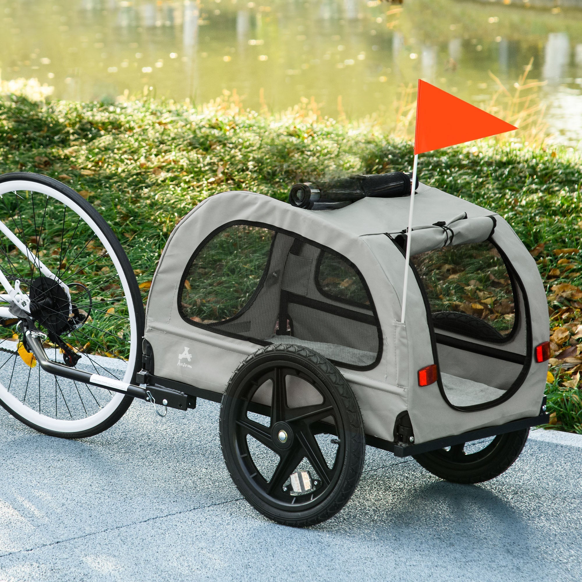 Dog Bike Trailer with Mesh Windows, Safety Leash, Safety Flag, Front/Rear Doors, for Medium Dogs Travel, Light Grey Dog Bike Trailers & Strollers   at Gallery Canada