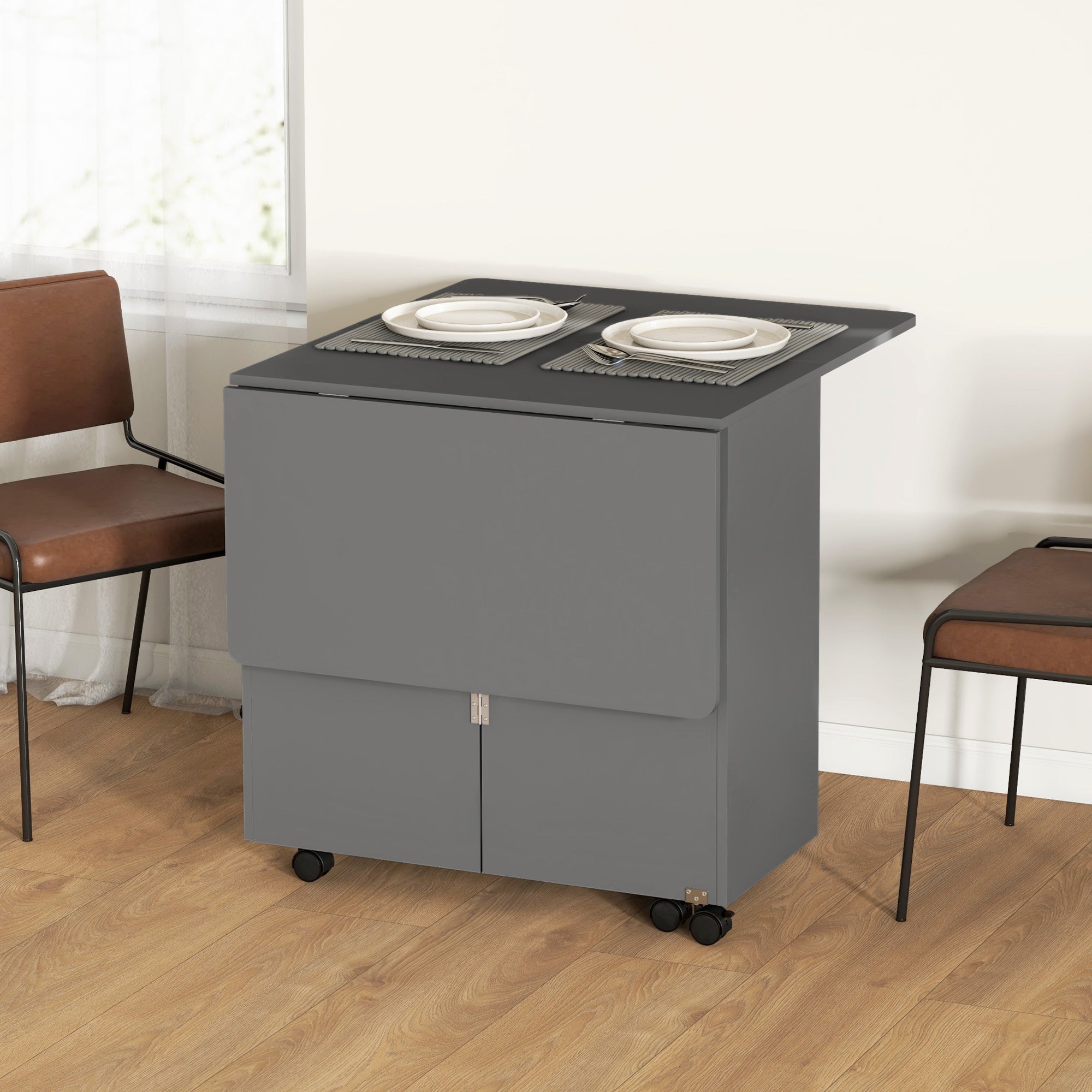 Extendable Dining Table, Drop Leaf Table with 2 Drawers, Cabinet and 6 Wheels for Small Spaces, Kitchen, Grey Dining Tables at Gallery Canada
