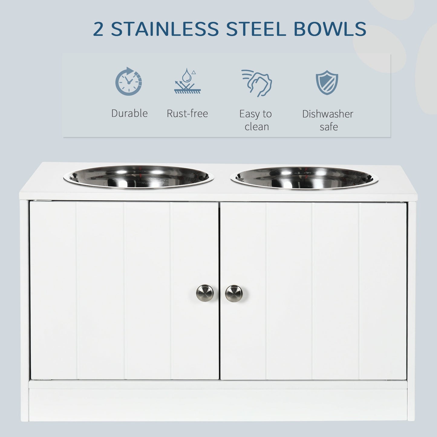 Elevated Dog Bowls for Large Dogs Pet Feeding Station with Stand, Storage, 2 Stainless Steel Food and Water Bowls, White, 23.6" x 11.8" x 14" Dog Bowls   at Gallery Canada