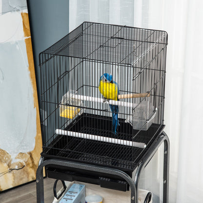 44.5"H Metal Bird Cage Parrot Play Spot Stand with Wheel, Storage Shelf, Multi-doors - Black Bird Cages   at Gallery Canada