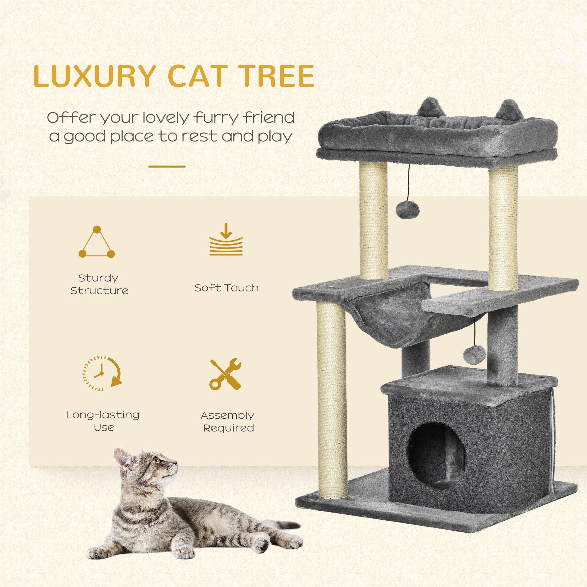 39.25'' Cat Tree Tower Multi-Level Kitten House with Scratching Post Condo Hammock Bed Ball Toy - Gray Cat Posts   at Gallery Canada