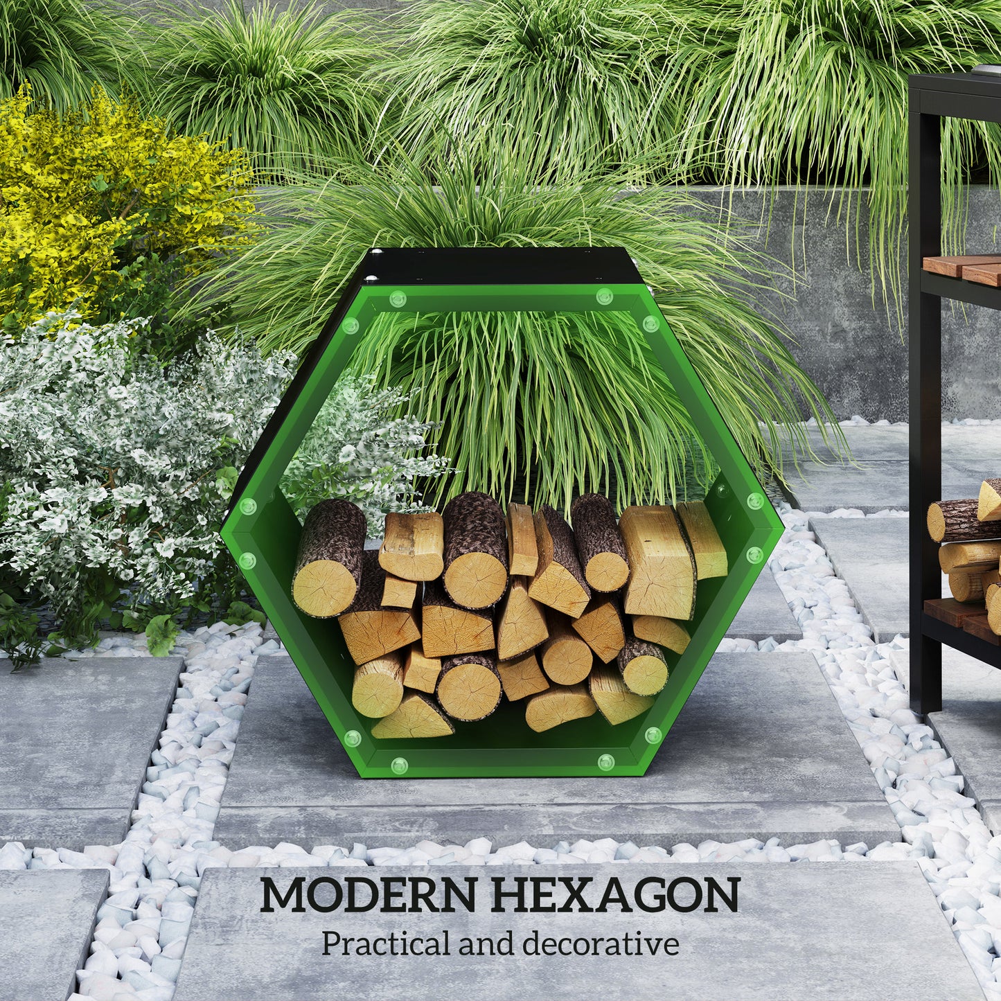 Hexagon Firewood Log Rack Heavy-Duty Steel Log Holder for Outdoor Indoor Use, 25.6" x 14.6" x 22.4", Black Firewood Racks   at Gallery Canada