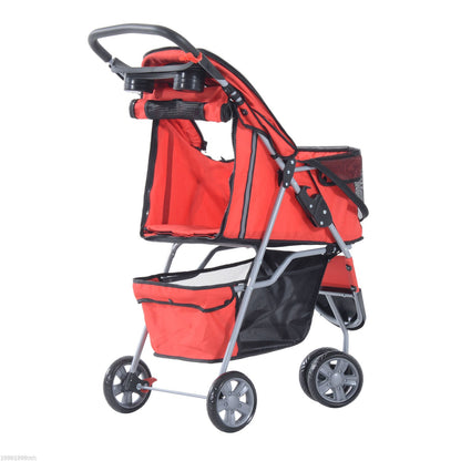 Deluxe 3 Wheels Pet Stroller Foldable Dog Cat Carrier Strolling Jogger with Brake, Canopy, Cup Holders and Bottom Storage Space (Red) Dog Bike Trailers & Strollers   at Gallery Canada