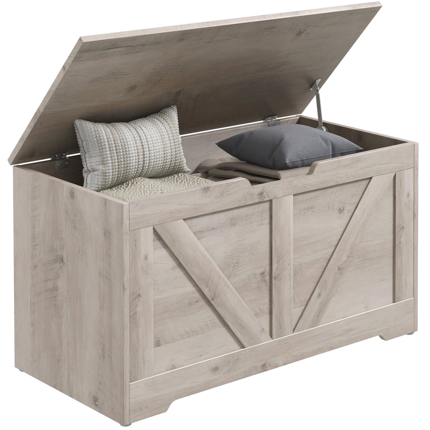 31.5 Inches Storage Chest, Storage Trunk with 2 Safety Hinges, Wooden Toy Box for Living Room, Grey Wood Grain Storage Cabinets   at Gallery Canada