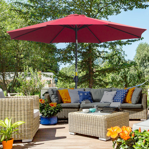 10' x 8' Round Market Umbrella, Patio Umbrella with Crank Handle and Tilt, Outdoor Parasol for Garden, Bench, Lawn, Wine Red