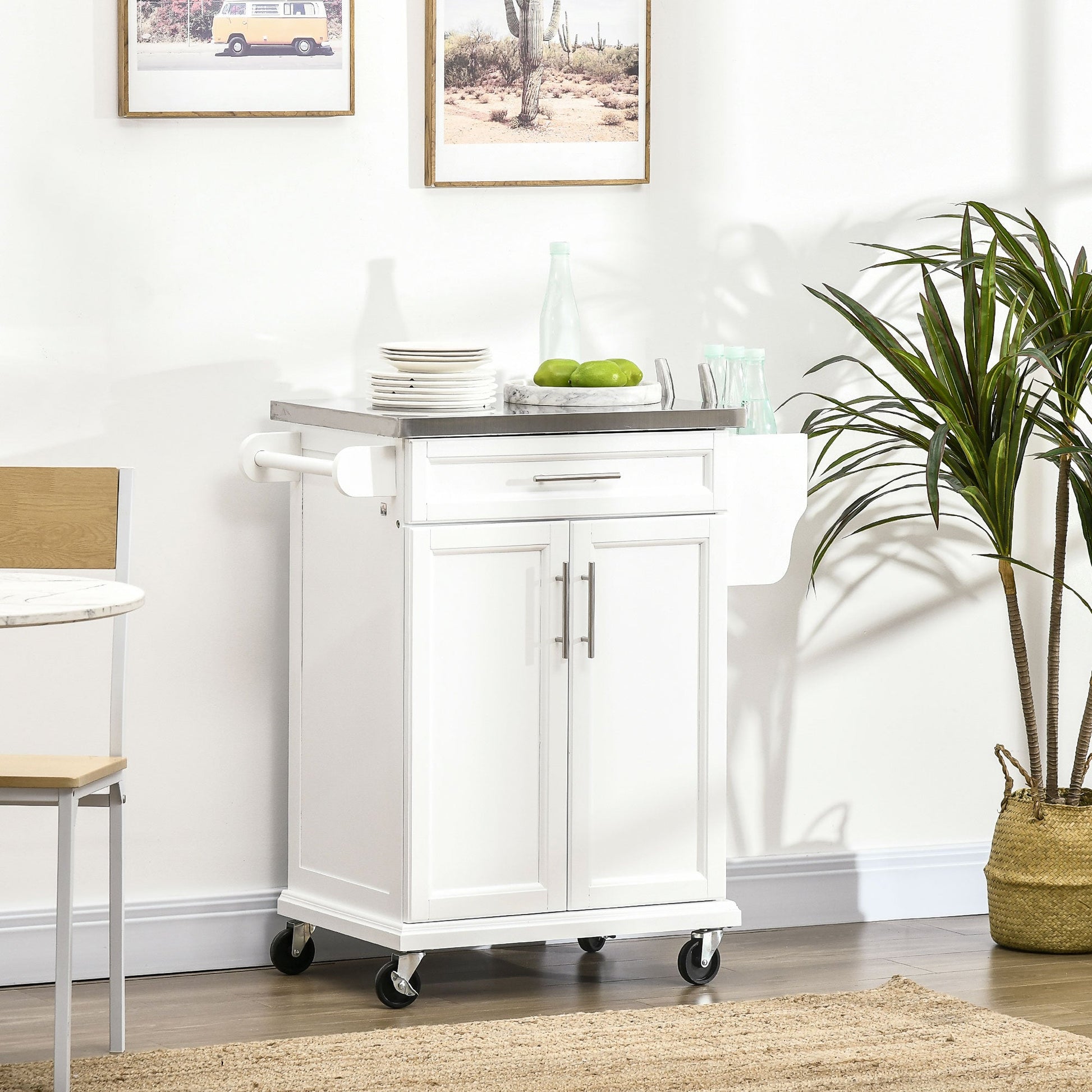 Rolling Kitchen Island, Kitchen Serving Cart with Stainless Steel Table Top on Wheels, White - Gallery Canada