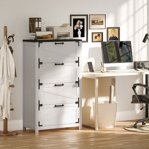 4 Drawer Filing Cabinet, Farmhouse Office Storage Cabinet with Adjustable Hanging Bars for Letter, A4, Legal Size, White