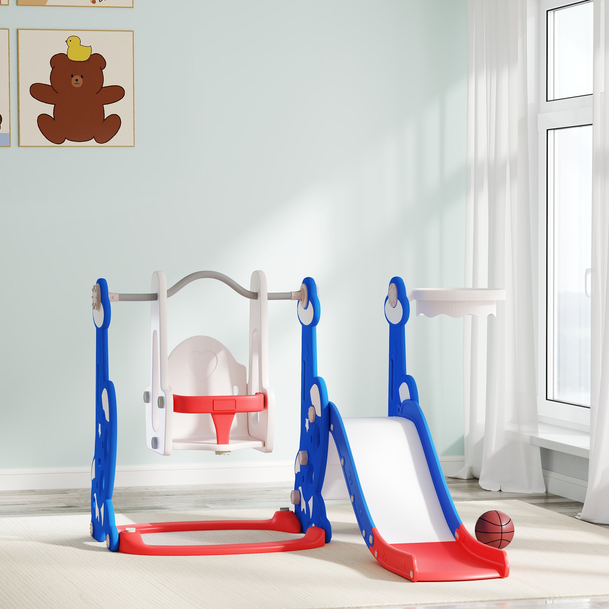 4-in-1 Slide and Swing Set with Basketball Hoop, Climber, for Ages 1.5-4 Boys Girls Toddler, Rocket Themed, Dark Blue Gym Sets & Swings at Gallery Canada