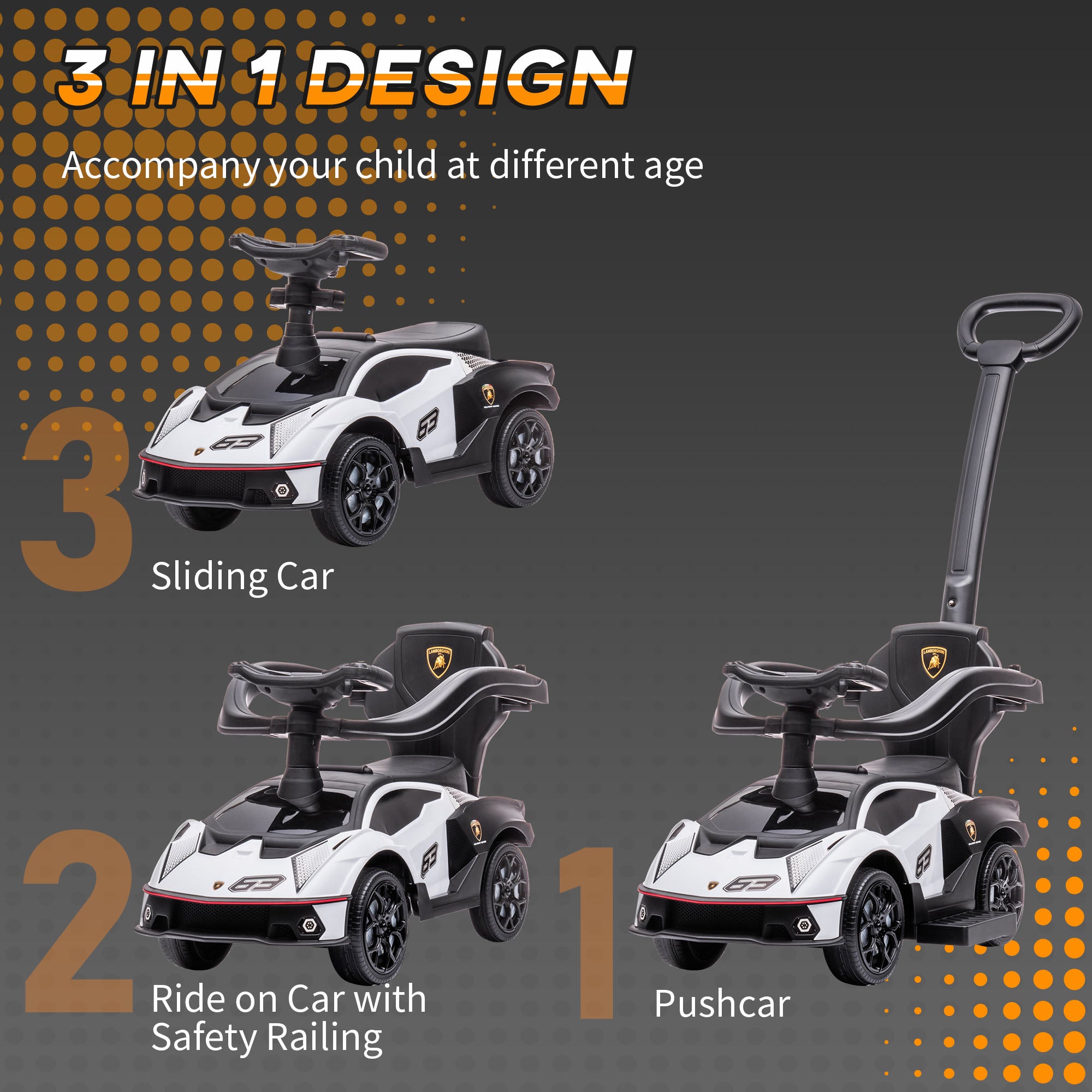 3 in 1 Ride on Push Car for Toddlers, Licensed Kids Sliding Car with Safety Protection Footrest Horn, White Push Cars for Toddlers at Gallery Canada