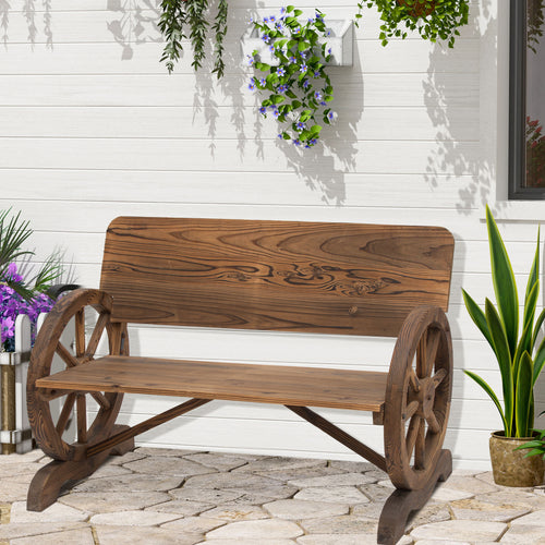 Wooden Wagon Wheel Bench Rustic Design 2 Seater Garden Outdoor Chair High Back Loveseat