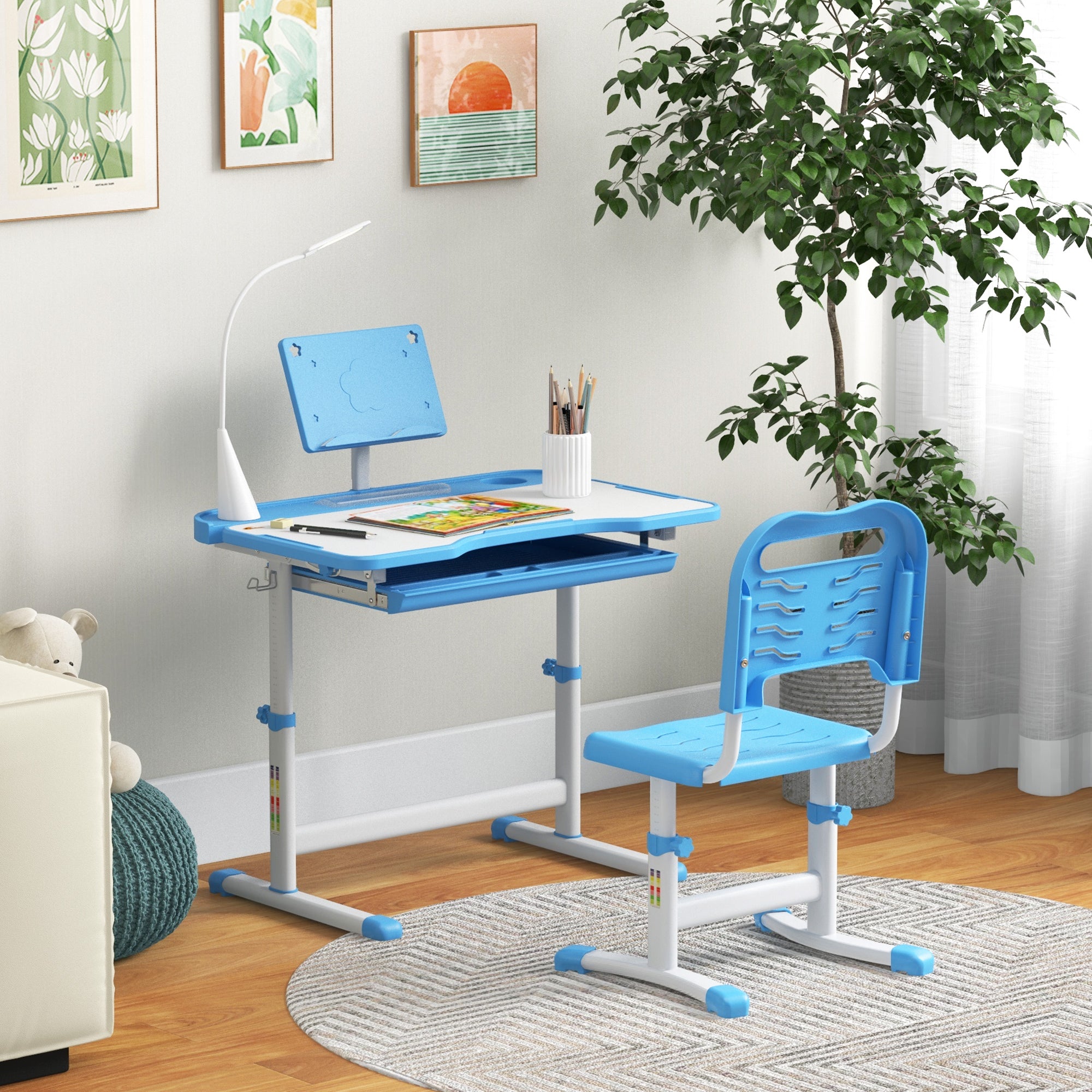 Kids Desk and Chair Set Height Adjustable Student Writing Desk Children School Study Table with Tilt Desktop, Blue Kids Desk Sets at Gallery Canada