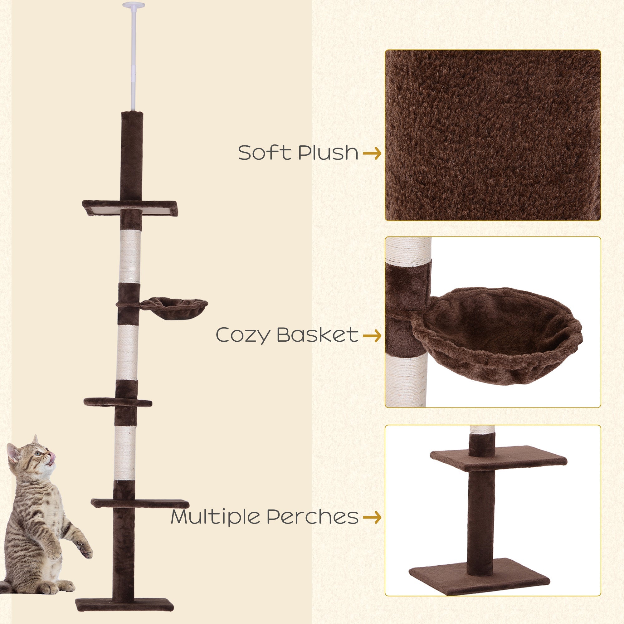 8.5ft Cat Climbing Tree 5-Tier Kitty Activity Center with Scratching Post Brown and White Floor to Ceiling Cat Trees   at Gallery Canada