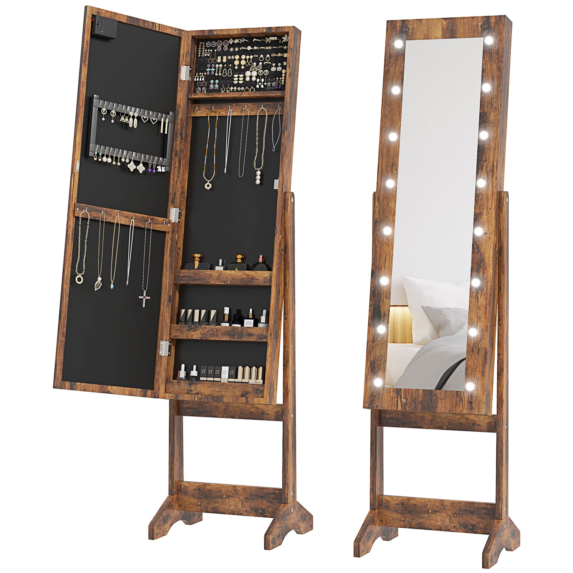 Free Standing Armoire Organizer, Lighted Mirrored Jewelry Cabinet w/ Angle Adjustable &; 16 LED Lights Rustic Brown Jewelry Armoire & Jewellery Mirror Cabinets at Gallery Canada