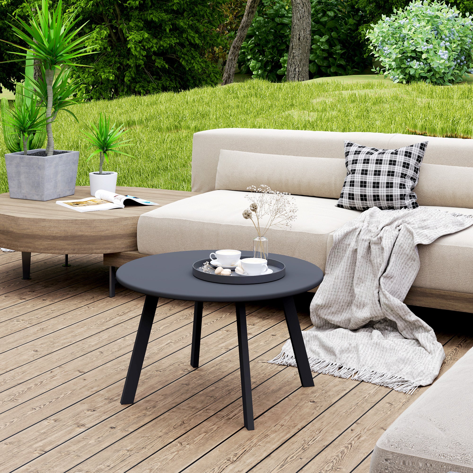 Round Outdoor Side Table, Patio Coffee Table with Metal Frame and Non-Slip Foot Pads, Black Patio Side Tables at Gallery Canada