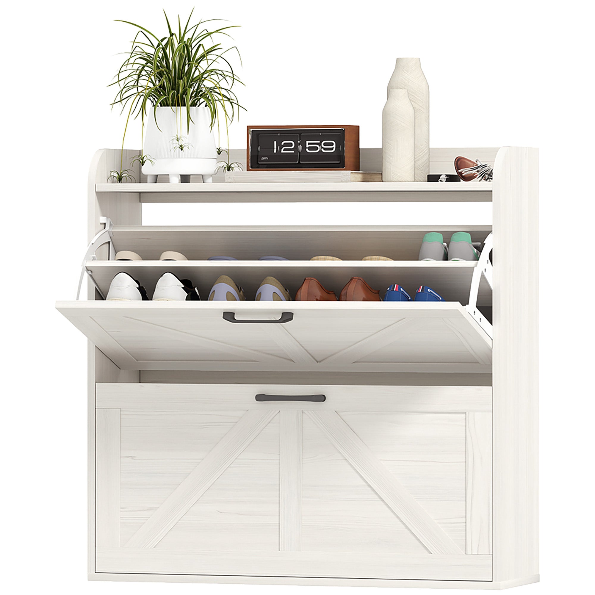 Narrow Shoe Storage Cabinet, Farmhouse Slim Shoe Cabinet with 2 Flip Drawers, Adjustable Shelves, White Oak Shoe Storage Cabinets & Racks at Gallery Canada