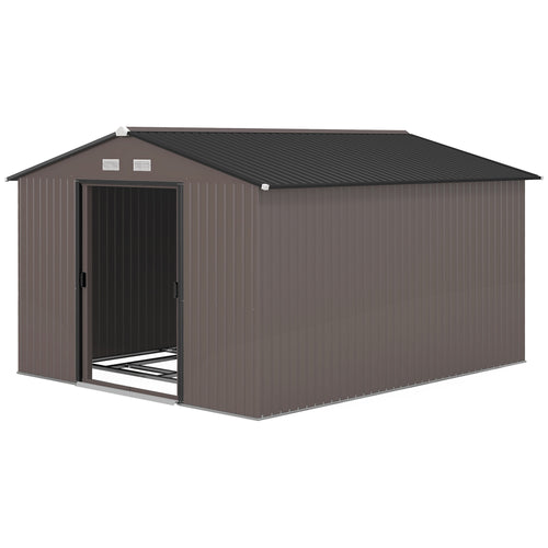 9' x 10.6' Garden Storage Shed w/ Foundation Kit Metal Tool Storage House w/ Double Doors Brown