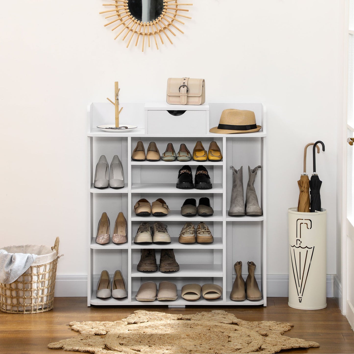 7-Tier Shoe Rack with Drawer, 11 Shelves for 17 Pairs, Space-Saving, White Shoe Storage Cabinets & Racks   at Gallery Canada