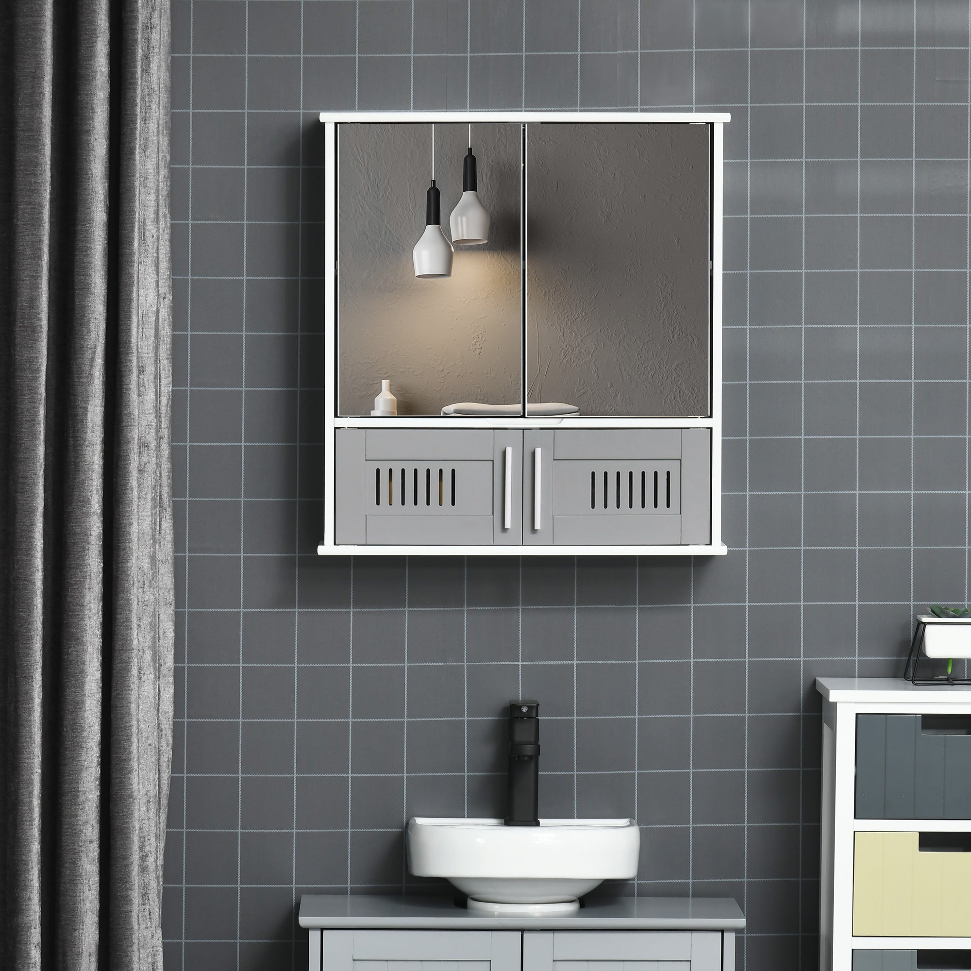 Bathroom Mirror Cabinet, Wall Mounted Storage Cupboard with Double Doors and Adjustable Shelf, Grey Mirror Medicine Cabinets   at Gallery Canada