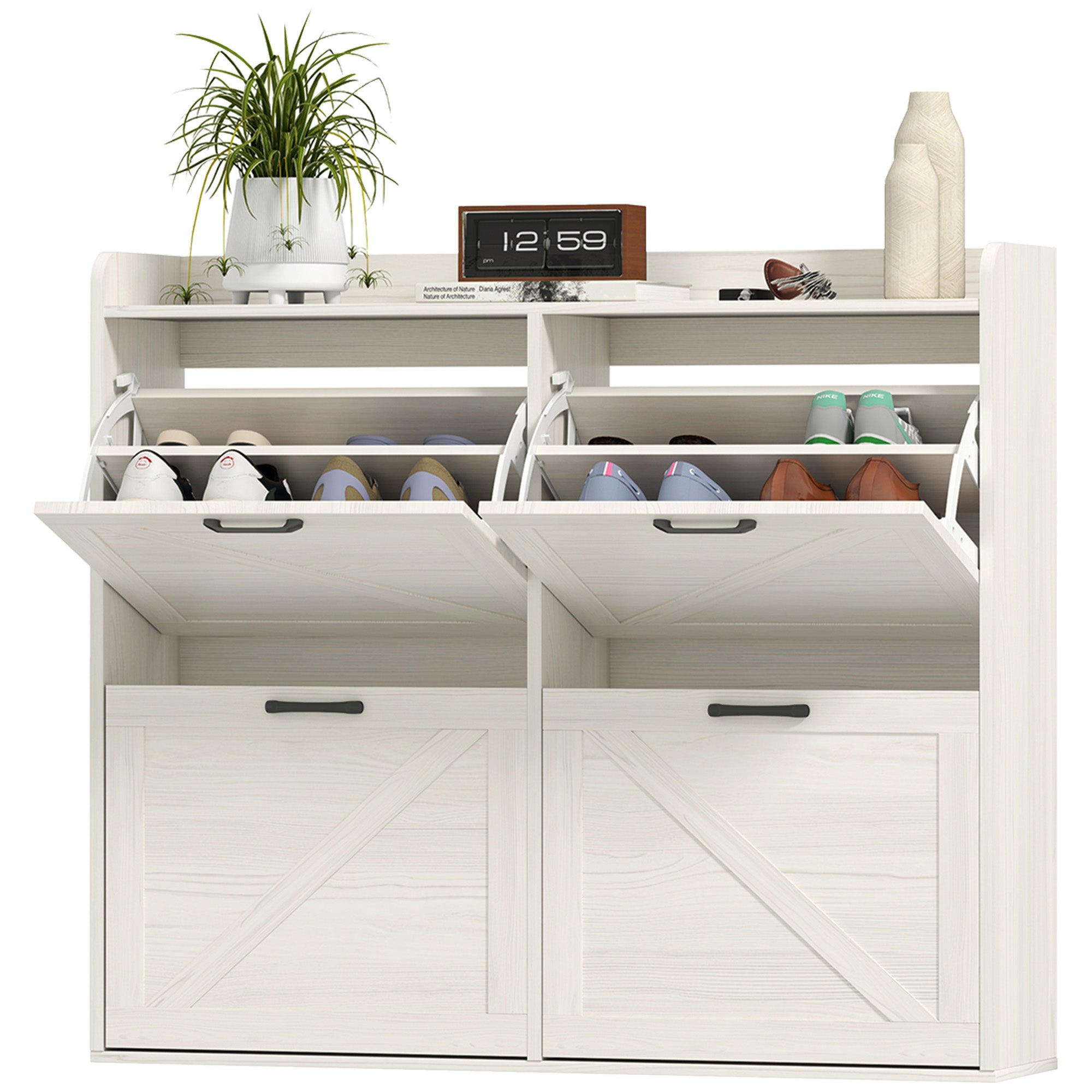 Narrow Shoe Storage Cabinet with 4 Flip Drawers, Adjustable Shelves, 16 Pair Farmhouse Shoe Cabinet, White Oak Shoe Storage Cabinets & Racks at Gallery Canada