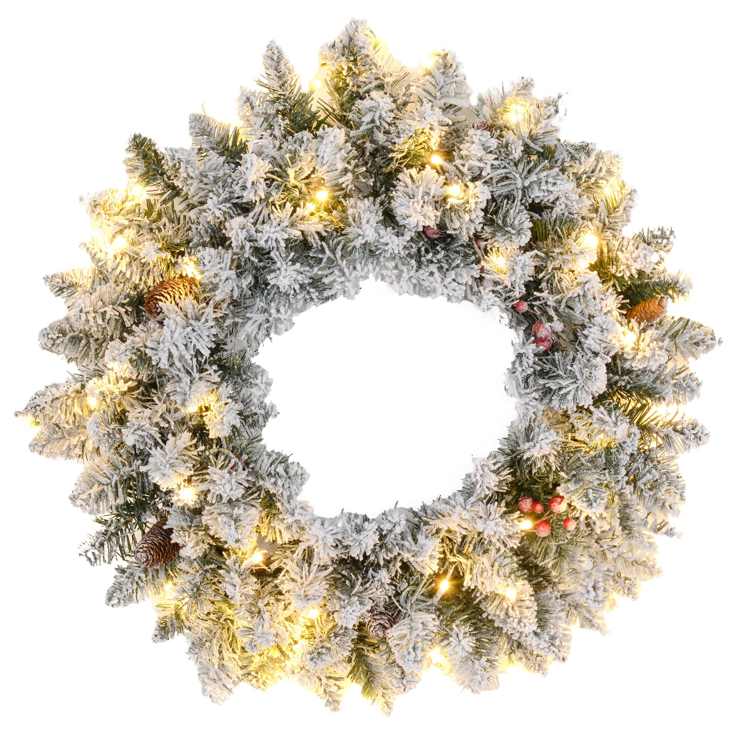 24" Christmas Front Door Wreath with Lights Flocked Christmas Wreath with Pine Cones and Red Berries for Windows Green Christmas Wreaths   at Gallery Canada