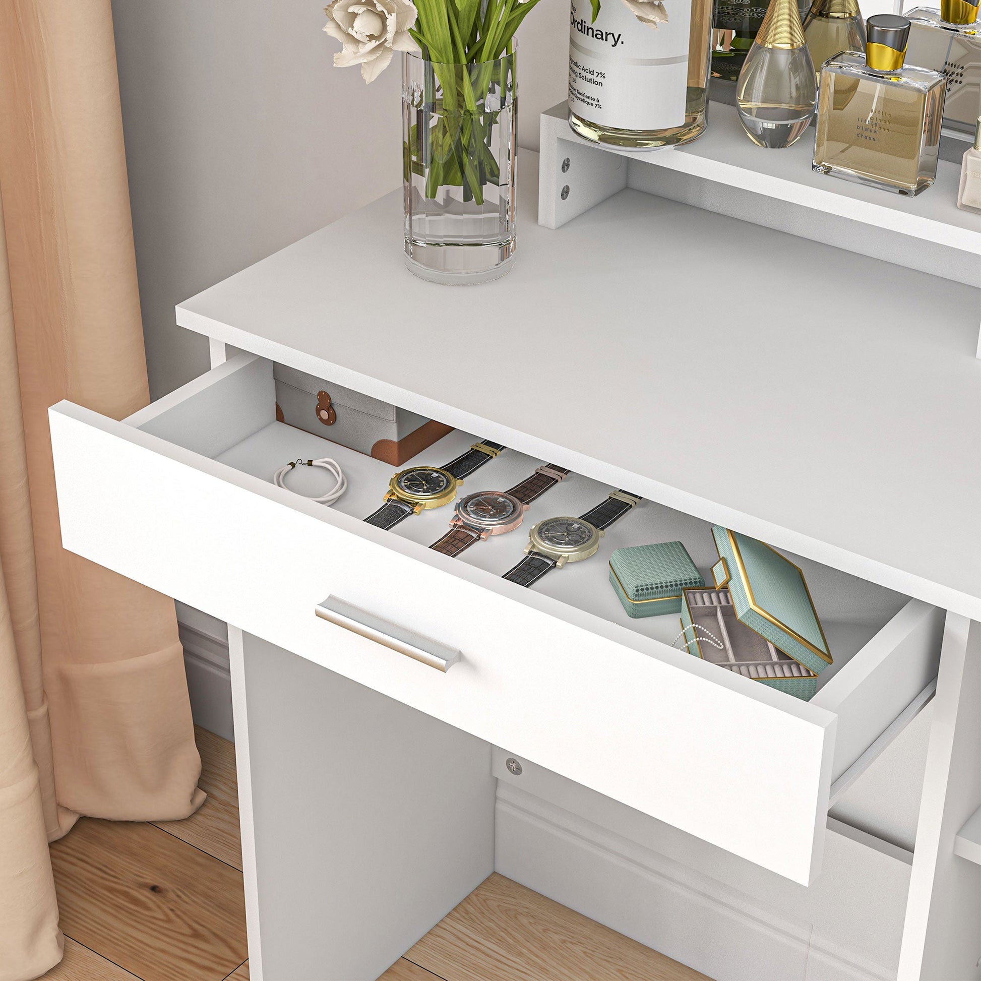 Dresssing Table, Vanity Table with Mirror, Drawer and Storage Shelves for Bedroom, 35.4" x 15" x 54.3", White Dressing & Vanity Tables   at Gallery Canada