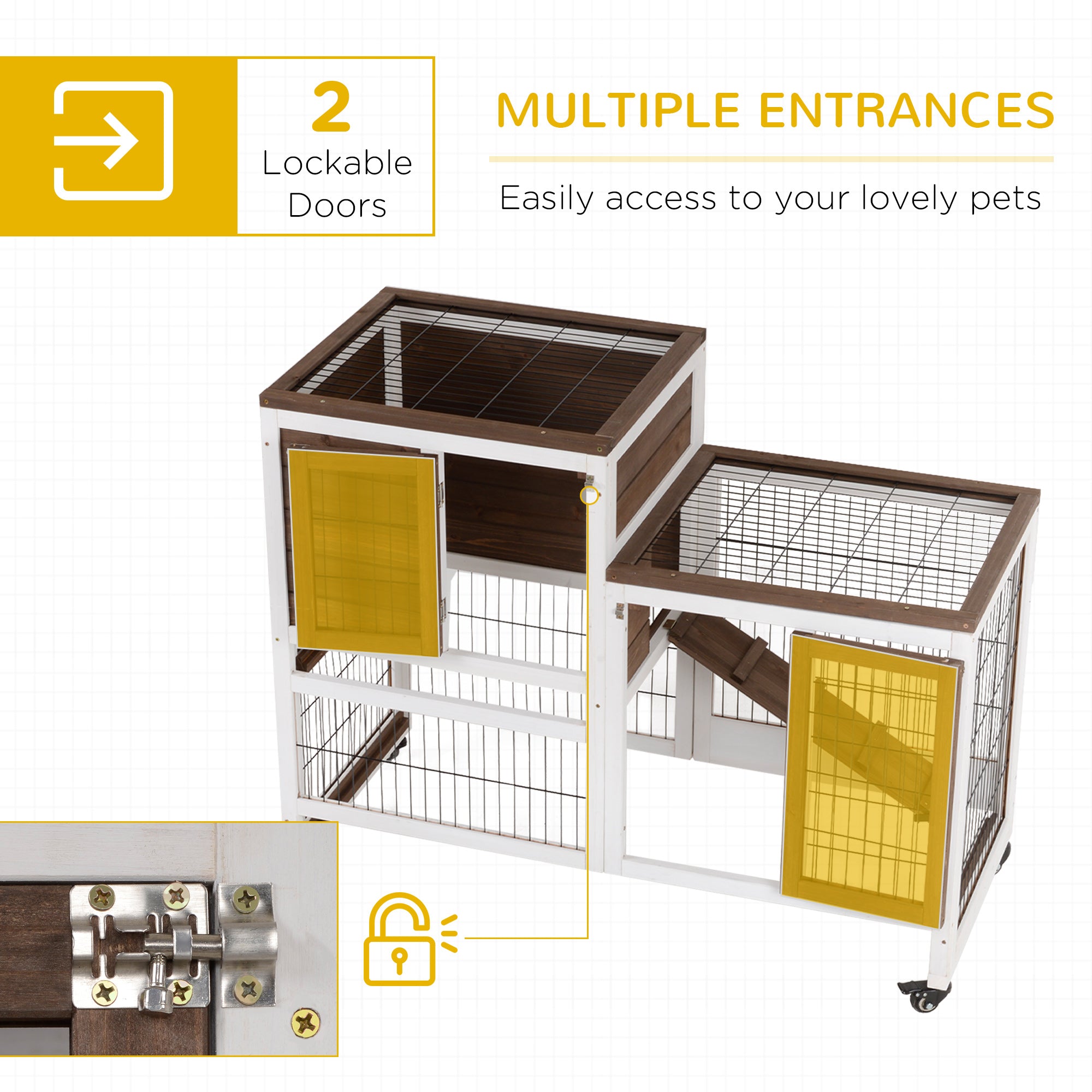 Rabbit Hutch Indoor Bunny Cage Guinea Pig House on Wheels with Run, Pull Out Trays, Brown and White Rabbit Hutch   at Gallery Canada