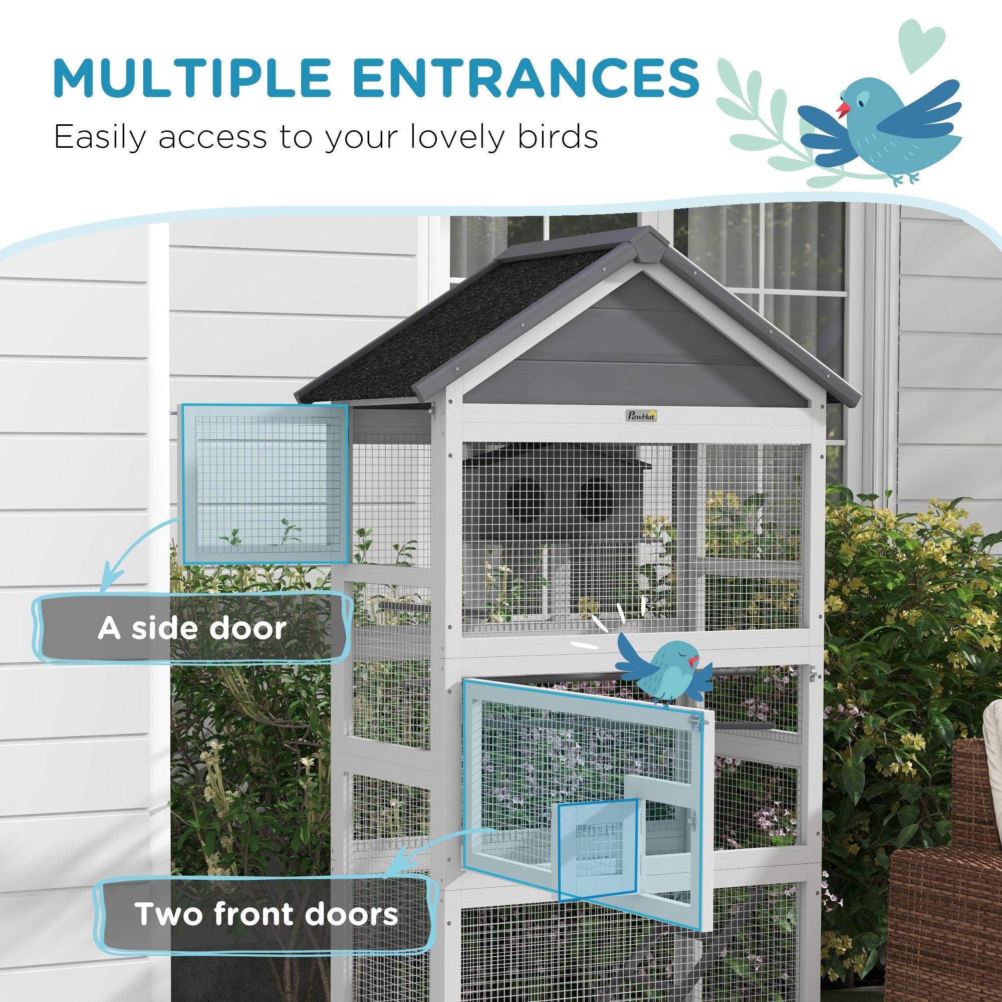 Wooden Bird Cage with Perches, Bird House, Ladder, Slide-Out Tray for Finches, Parakeets, Small Birds, Grey Bird Cages   at Gallery Canada