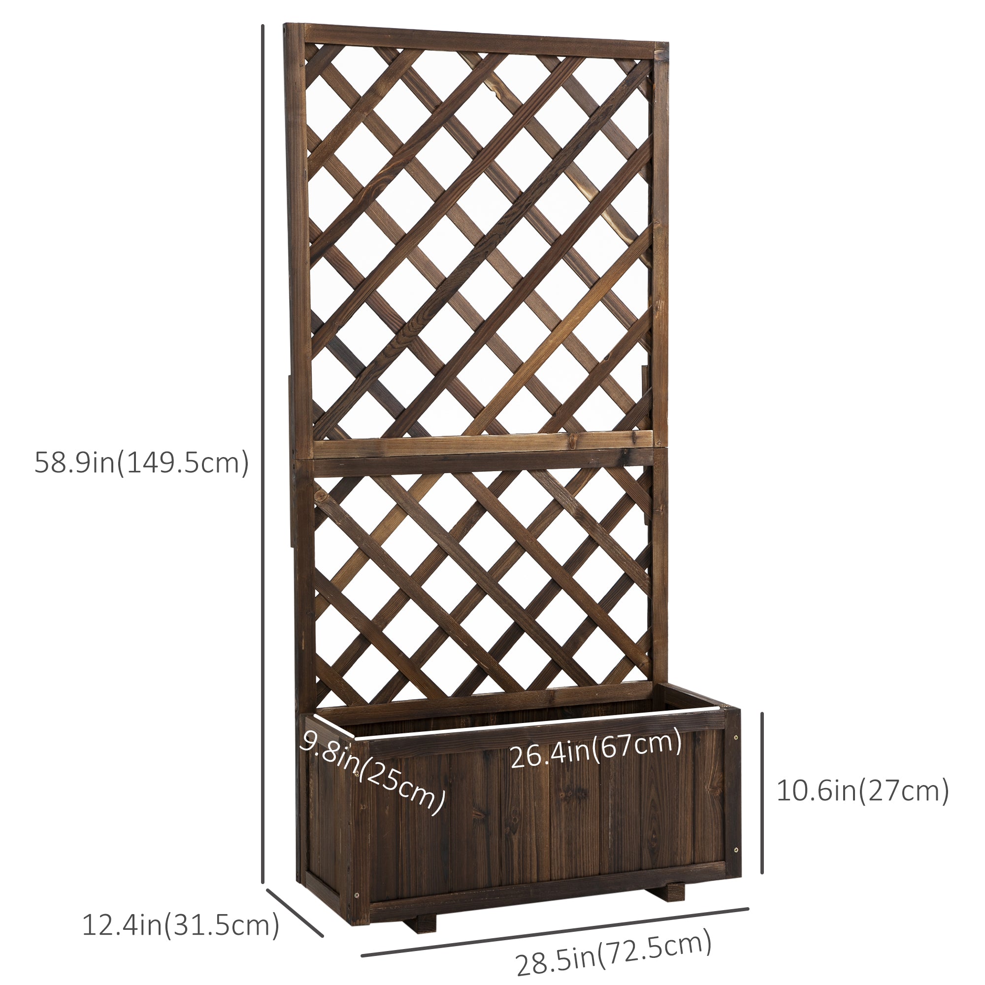 2.4 x 1 x 4.9 ft Garden Wooden Pine Trough Planter with Topped Trellis Climbing Plants Flower Raised Bed, Carbonized Wooden Planter Boxes at Gallery Canada