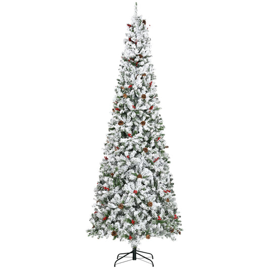 9-foot Pencil Snow Flocked Artificial Christmas Tree with 1350 Pine Realistic Branches, Pine Cones, Red Berries, Auto Open, Green - Gallery Canada
