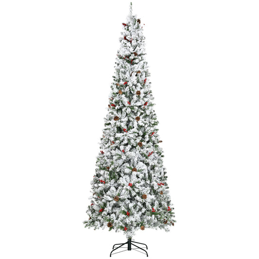 9-foot Pencil Snow Flocked Artificial Christmas Tree with 1350 Pine Realistic Branches, Pine Cones, Red Berries, Auto Open, Green Pencil Christmas Trees Multi Colour  at Gallery Canada