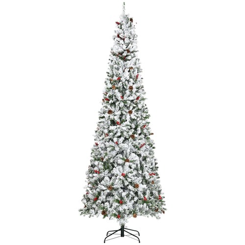 9-foot Pencil Snow Flocked Artificial Christmas Tree with 1350 Pine Realistic Branches, Pine Cones, Red Berries, Auto Open, Green