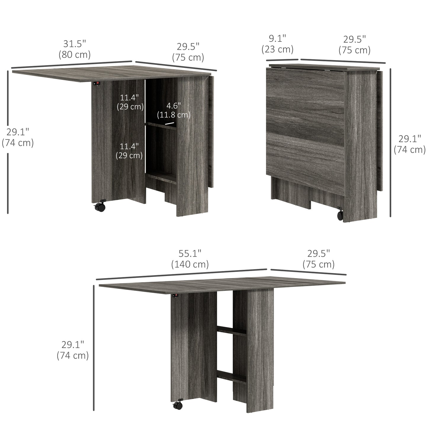 Extendable Dining Table, Collapsible Folding Table w/ 2-tier Shelves and Rolling Casters, Grey Wood Grain Dining Tables   at Gallery Canada