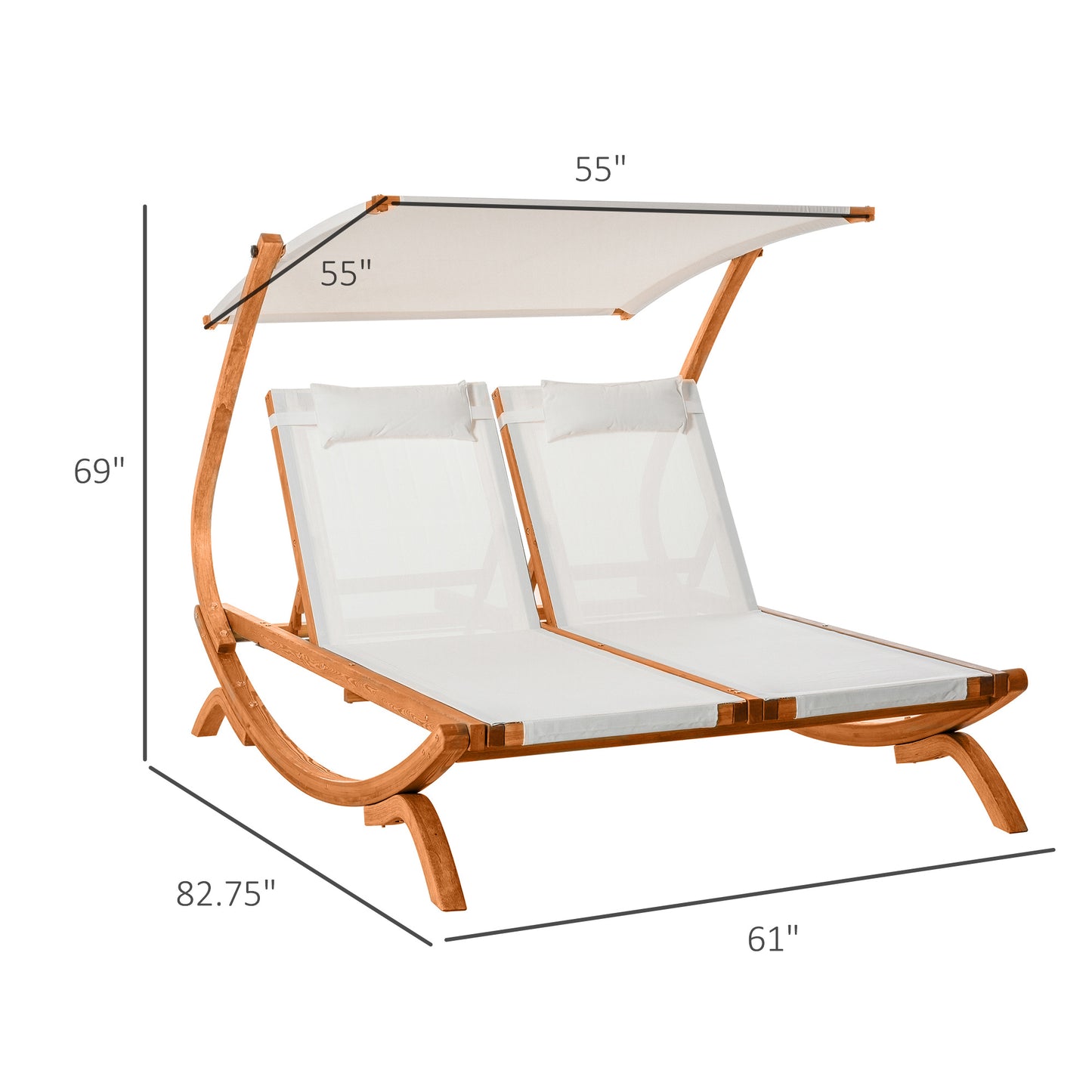 Adjustable Wooden Double Chaise Lounge with Canopy and Pillows for Patio, Beige Lounger Chairs   at Gallery Canada