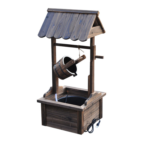 Outdoor Wooden Waterfall Wishing Well Fountain with Electric Pump, Water Bucket, for Patio, Garden, Carbonized