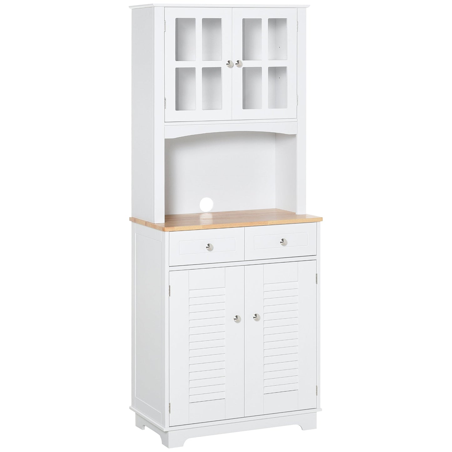 Coastal Style Kitchen Buffet Hutch with Glass Doors and Microwave Space, White Kitchen Pantry Cabinets White  at Gallery Canada