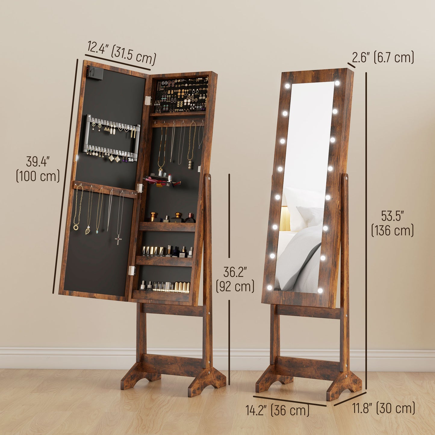 Free Standing Armoire Organizer, Lighted Mirrored Jewelry Cabinet w/ Angle Adjustable &; 16 LED Lights Rustic Brown Jewelry Armoire & Jewellery Mirror Cabinets at Gallery Canada