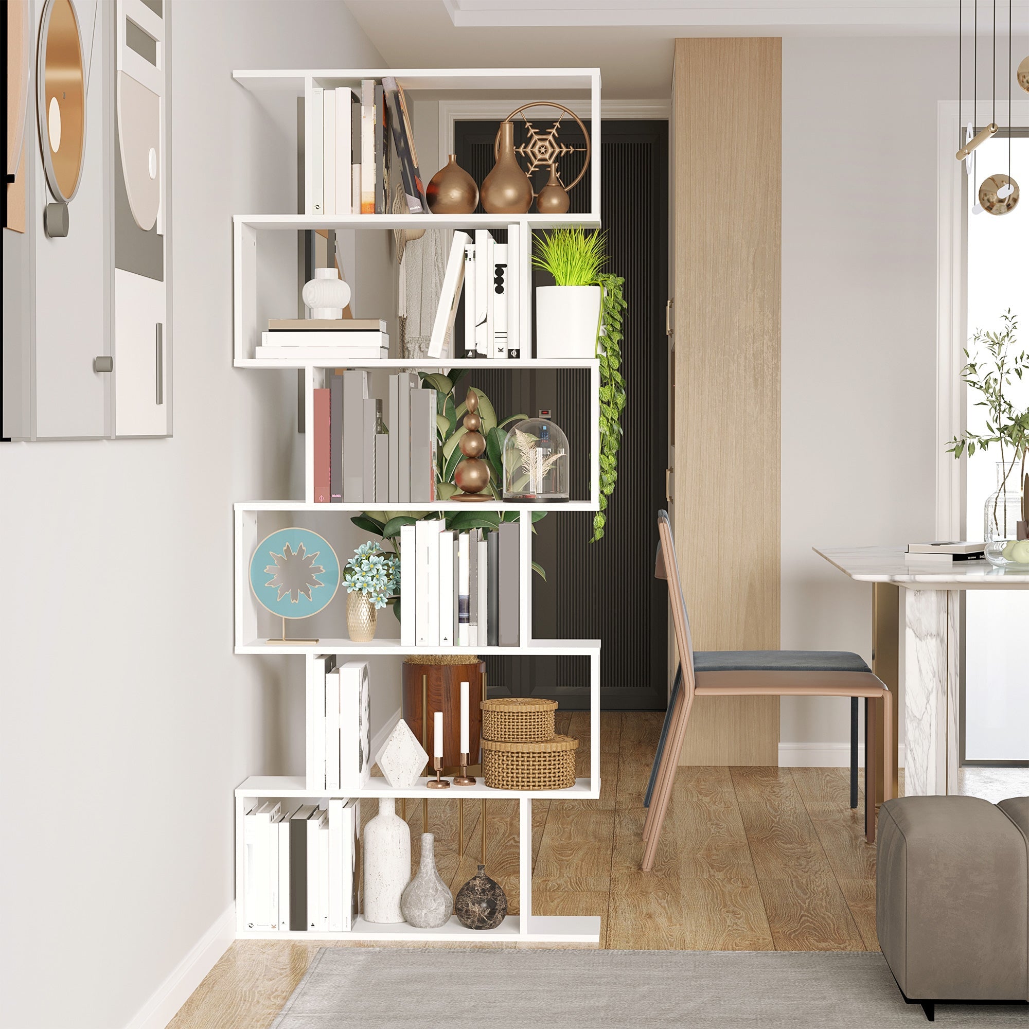 6-Tier Wooden Bookcase S Shape Storage Display Unit Home Divider Office Furniture White Display Bookshelves   at Gallery Canada