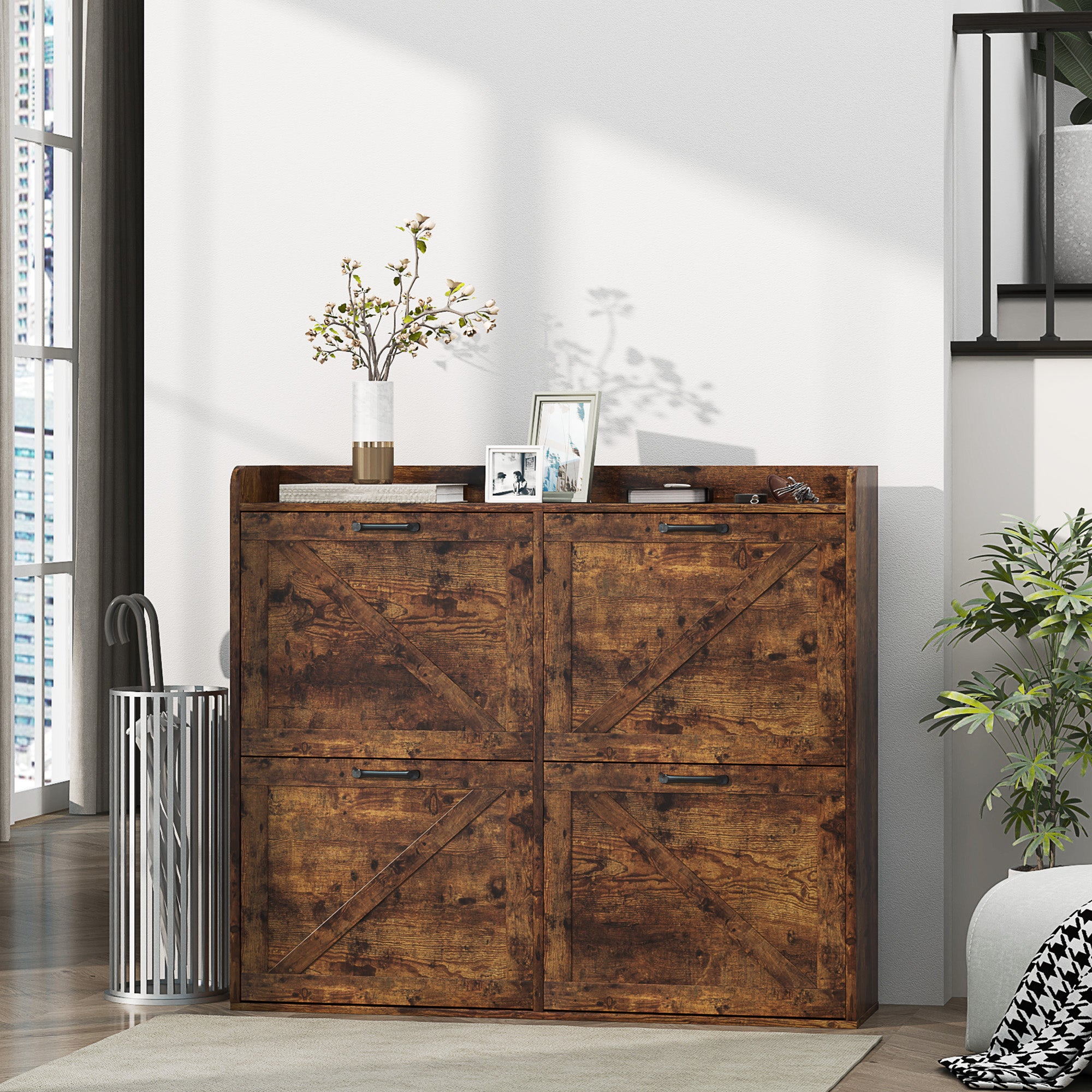 Narrow Shoe Storage Cabinet with 4 Flip Drawers, Adjustable Shelves, 16 Pair Farmhouse Shoe Cabinet, Rustic Brown Shoe Storage Cabinets & Racks at Gallery Canada