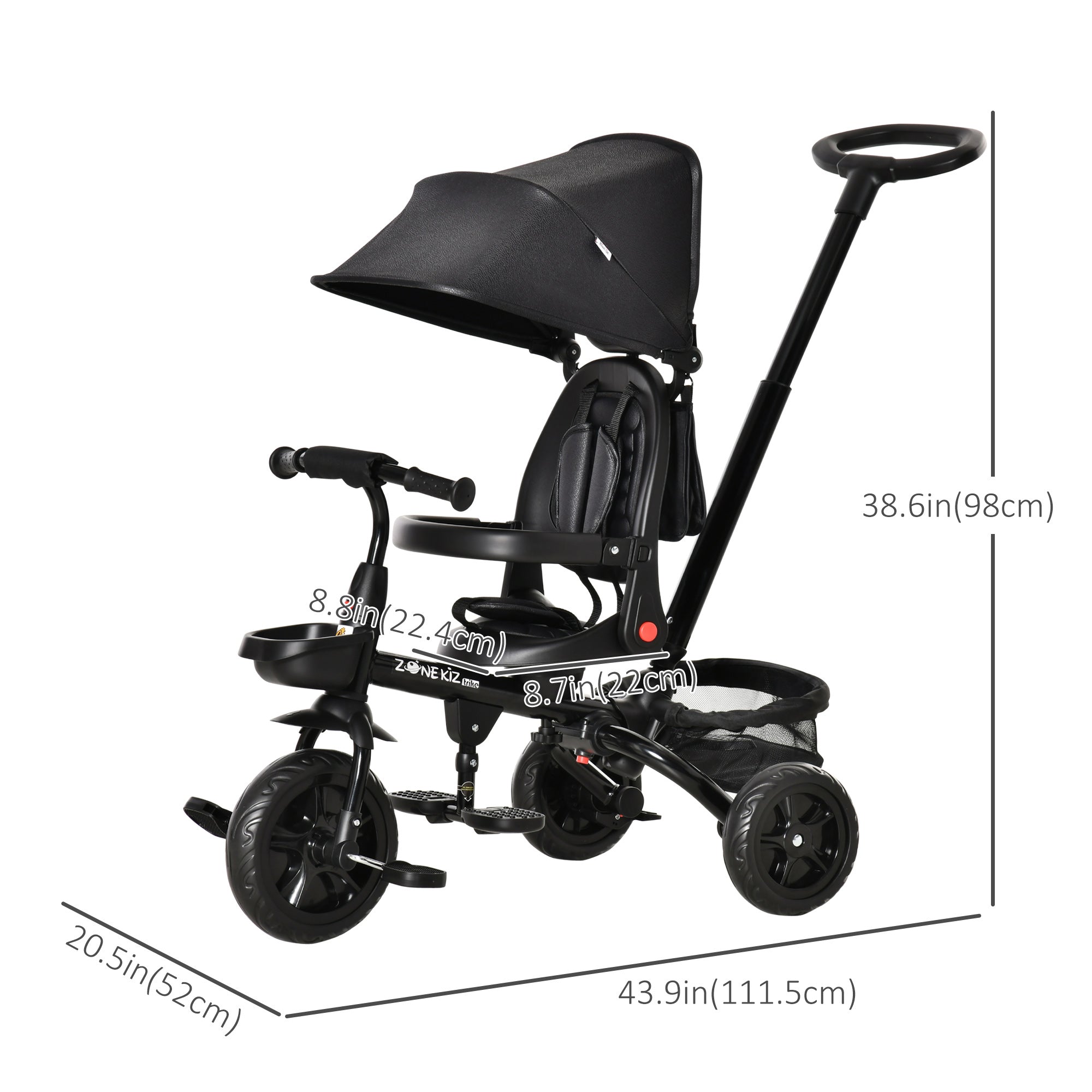 Baby Tricycle 4 In 1 Trike w/ Reversible Angle Adjustable Seat Removable Handle Canopy Handrail Belt Storage Footrest Brake Clutch for 1-5 Years Old Black Tricycles for Kids at Gallery Canada